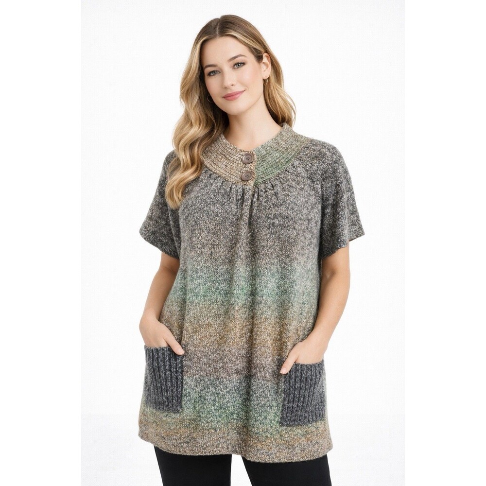 Dressbarn Womens Multicolor Knit Sweater Top 14/16 Pockets Short Sleeve Casual